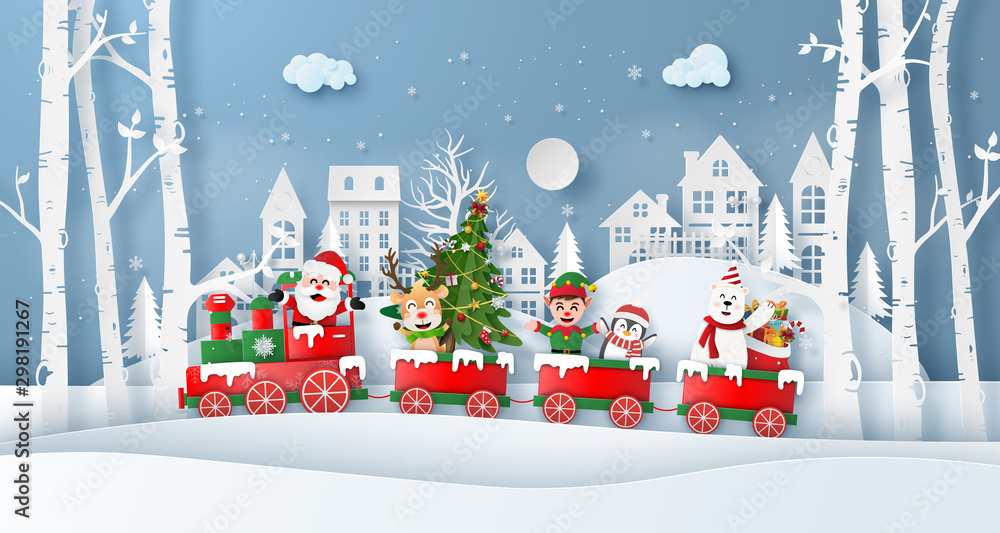 Fototapeta Origami paper art style, Christmas train with Santa Claus and friend in the village, Merry Christmas and Happy New Year