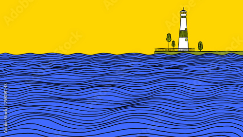 Minimalist landscape line art ink drawing, sea waves with lighthouse behind