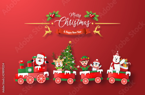 Origami paper art of Christmas train with Santa Claus and character on red background, Merry Christmas and Happy New Year