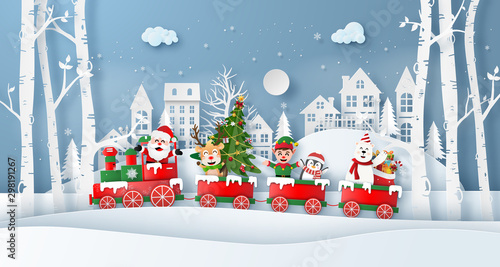 Origami paper art style, Christmas train with Santa Claus and friend in the village, Merry Christmas and Happy New Year