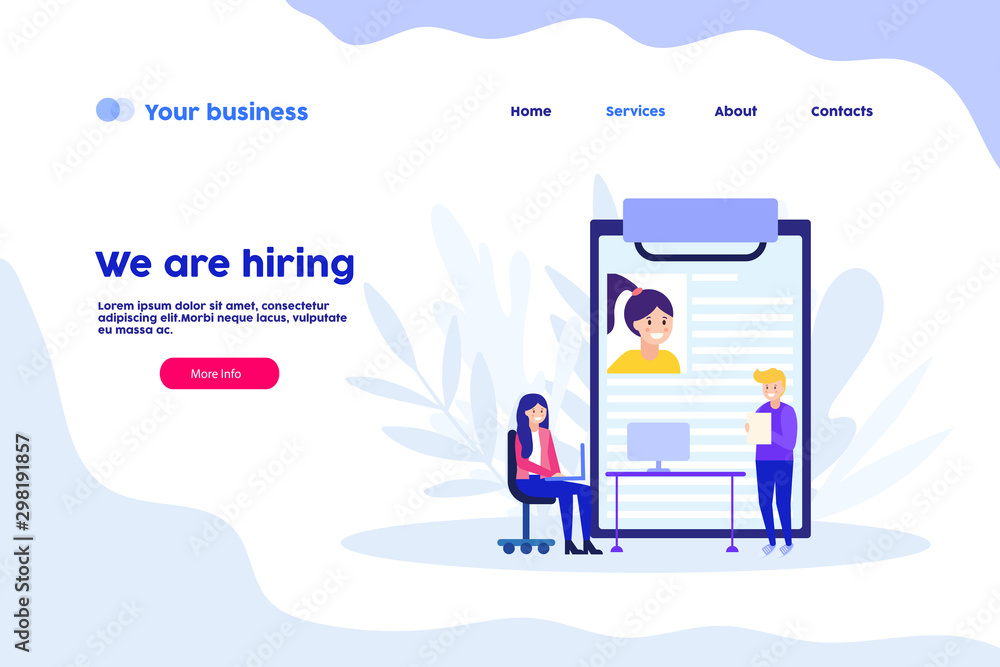 We are hiring, resume, cv, recruitment company, hr agency web page.Flat vector illustration isolated on white background. Can use for web banner, infographics, web page..