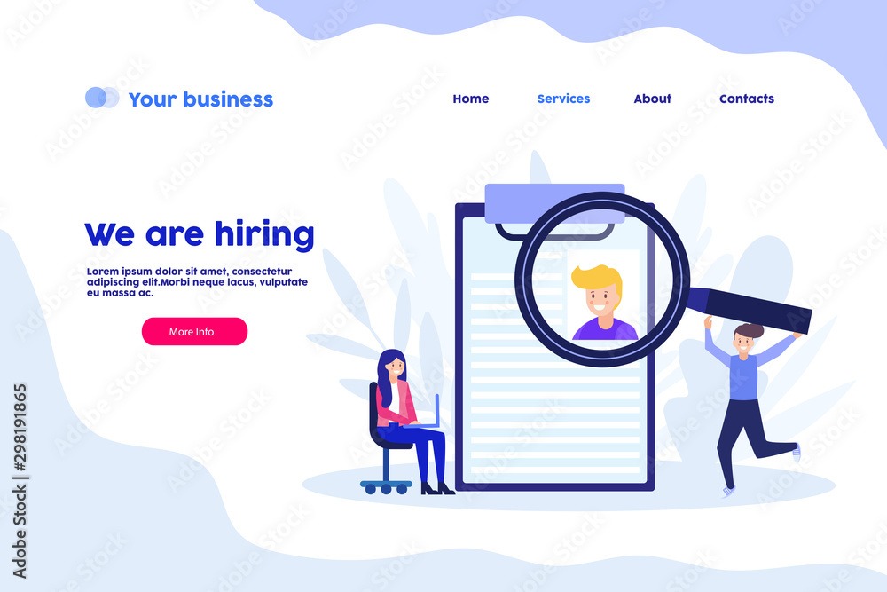 We are hiring, resume, cv, recruitment company, hr agency web page.Flat vector illustration isolated on white background. Can use for web banner, infographics, web page.. We are hiring, resume, cv, recruitment company, hr agency web page.Flat vector illustration isolated on white background. Can use for web banner, infographics, web page..