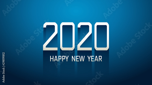 Happy new year 2020 in technology modern text with long drop shadow on blue color background