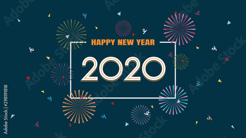 Happy new year 2020 with fireworks in flat icon design on dark blue color background