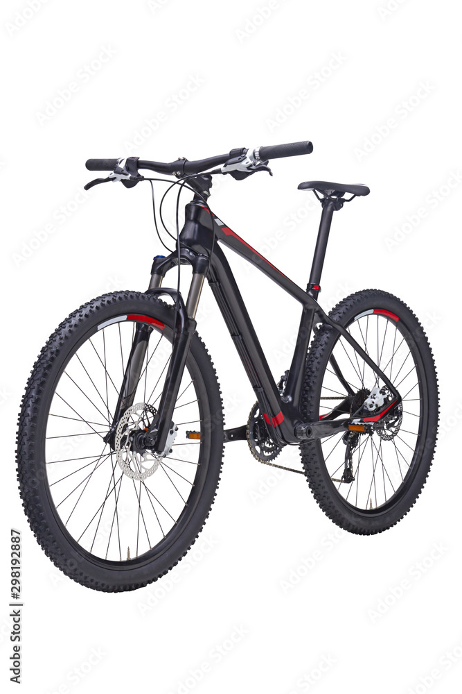 Isolated Black Carbon Mountain Bike 27.5 With Dual Suspension Fork in perspective view with White Background