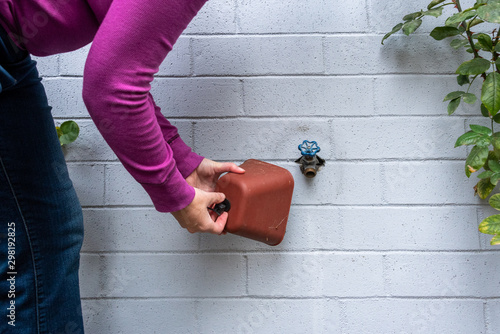 Winterization, woman’s hands installing foam and plastic faucet cover to prevent pipes freezing, on a blue gray painted brick wall, rose plants photo