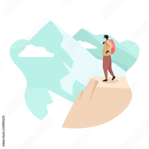 Hiker Mountaineer Man Standing on Top Ice Snow Mountain Flat Illustration