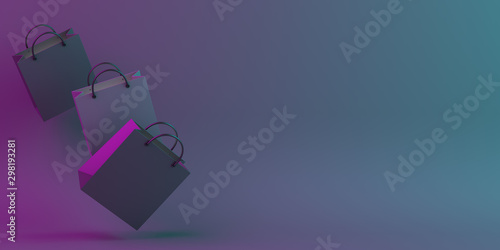 Black friday sale event design creative concept, flying shopping bag on black blue purple neon gradient background studio lighting, copy space text area. 3D rendering illustration.