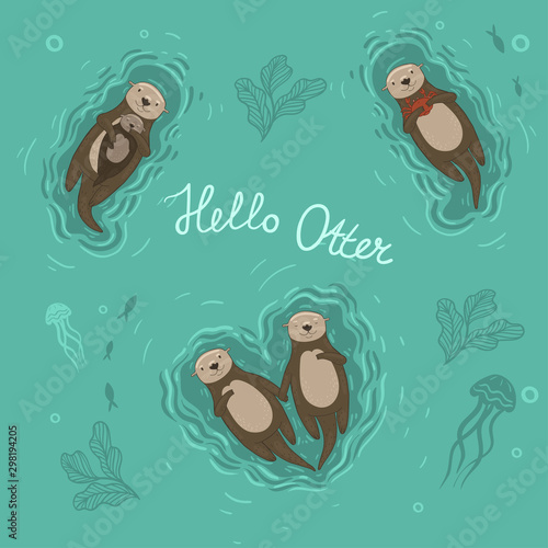 Foto Set of sea otters swimming on their backs