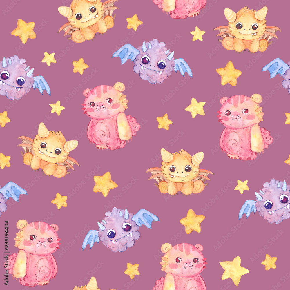 Seamless pattern with colorful, bright monsters, stars. Watercolor kids cartoon illustration. Hand drawn character.