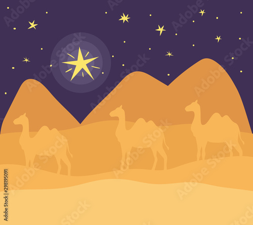 desert night with camels landscape scene icon