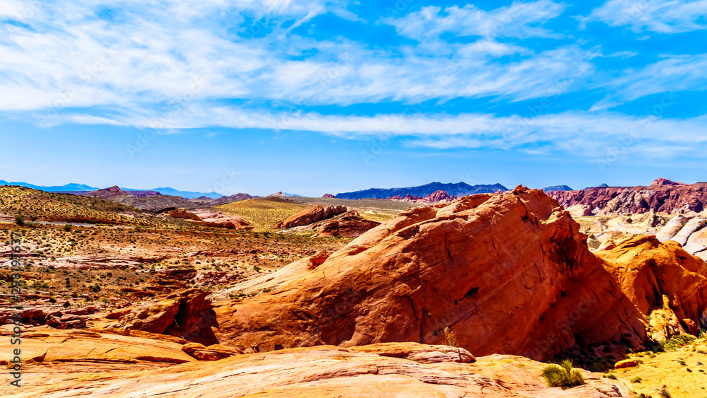 The red aztec sandstone rock formations along the Fire Wave Trail in the Valley of Fire State Park in Nevada, USA