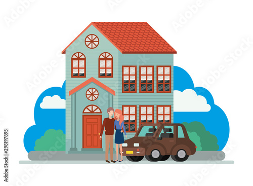 young couple with smart car and house scene