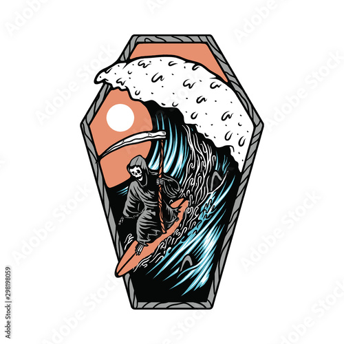 Skull Skeleton Death Summer Beach Surfing Graphic Illustration Vector Art T-shirt Design