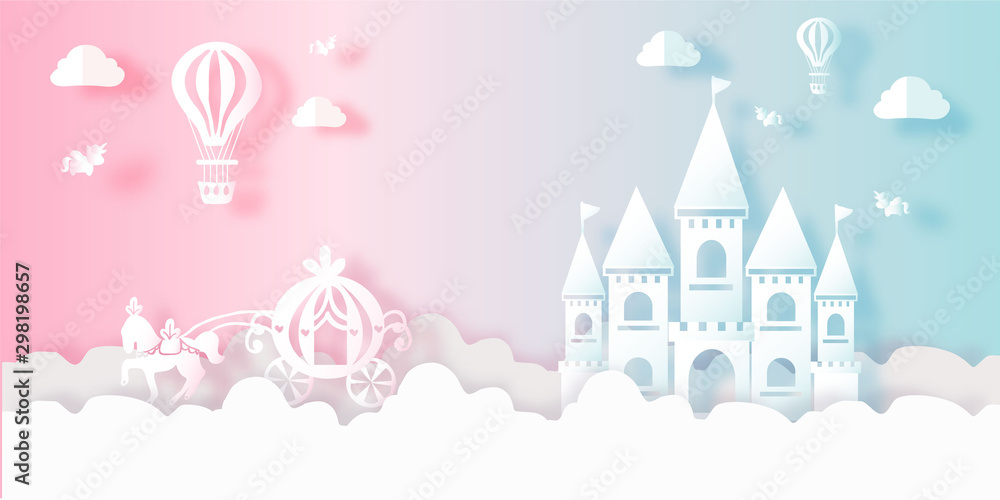 Cute castle town and city fairy tale in blue and paper cut style vector illustration - obrazy, fototapety, plakaty 