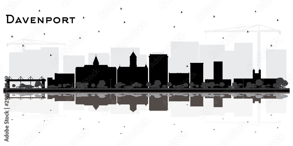 Davenport Iowa City Skyline Silhouette with Black Buildings and Reflections Isolated on White.