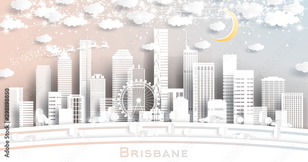 Brisbane Australia City Skyline in Paper Cut Style with Snowflakes, Moon and Neon Garland.