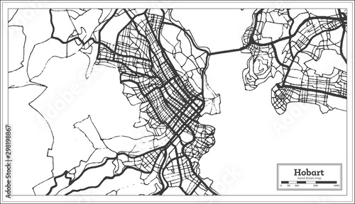 Hobart Australia City Map in Black and White Color. Outline Map.