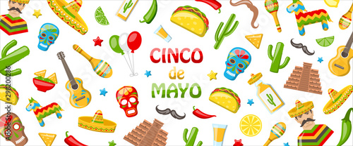 Cinco de Mayo - May 5, Holiday in Mexico. Mexican Banner with Traditional Symbols