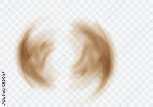 Desert sandstorm, brown dusty twisted or swirling cloud banner or dry sand flying with gust of wind, brown smoke realistic texture vector illustration isolated on transparent background