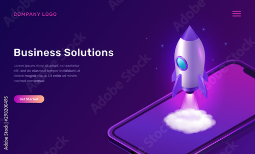 Business start up isometric concept vector illustration. Rocket taking off with fire and smoke cloud, mobile phone on ultraviolet background. Spaceship launching purple web page