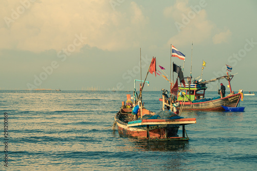 Fishing boats on the sea with blue sky background