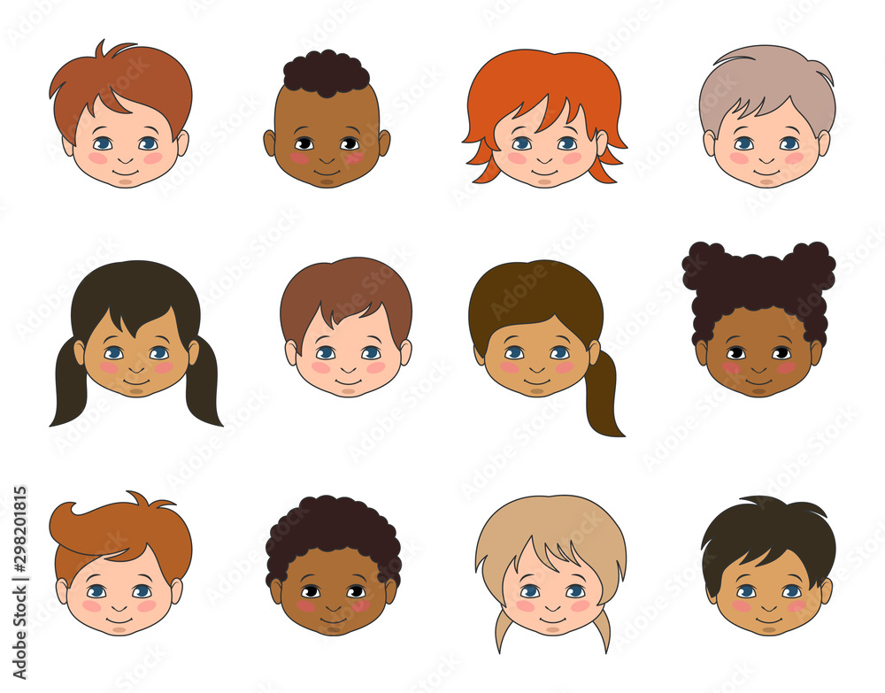 Set Children Faces of Different Races, Multicultural Kids Heads Set Children Faces of Different Races, Multicultural Kids Heads