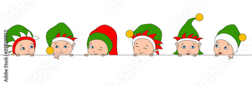 Set Christmas Elfs Children, Babies in Irish Hats. Boys and Girls with Clean Banner