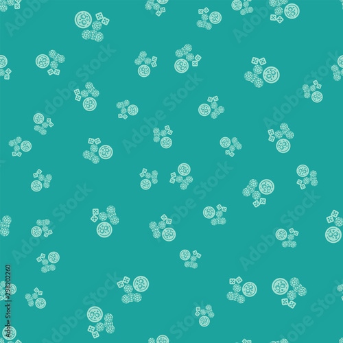 Green Casino chips, game dice and glass of whiskey with ice cubes icon isolated seamless pattern on green background. Casino poker. Vector Illustration