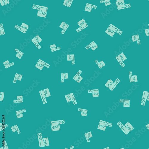 Green Game dice and glass of whiskey with ice cubes icon isolated seamless pattern on green background. Casino gambling. Vector Illustration