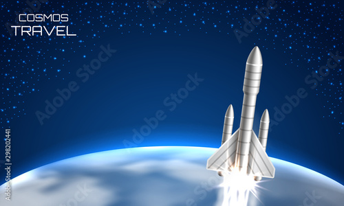 Cosmos Travel Background with Spacecraft Space Shuttle, Cosmic Rocket, Spaceship 