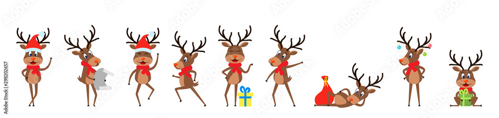 Ustaw śmieszne jelenie, renifery świąteczne, wesołe bajki w czapkach Mikołaja z prezentami <span>plik: #298202657 | autor: -=MadDog=-</span>