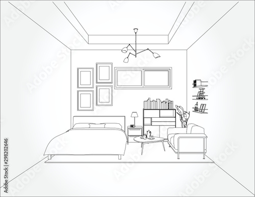 Linear sketch of an interior. Living room and bedroom drawing plan. Sketch Line sofa set. Vector illustration.outline sketch drawing perspective of a interior space.