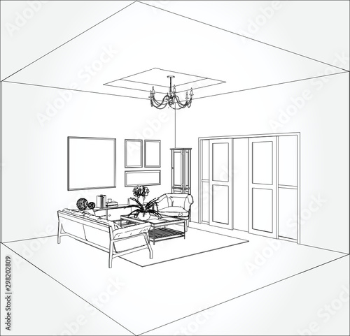 Linear sketch of an interior. Living room and bedroom drawing plan. Sketch Line sofa set. Vector illustration.outline sketch drawing perspective of a interior space.