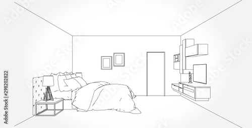 Linear sketch of an interior. Living room and bedroom drawing plan. Sketch Line sofa set. Vector illustration.outline sketch drawing perspective of a interior space. © anon