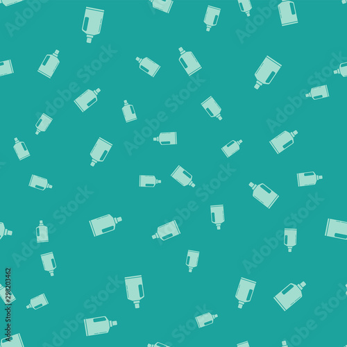 Green Plastic bottle for liquid laundry detergent, bleach, dishwashing liquid or another cleaning agent icon isolated seamless pattern on green background. Vector Illustration