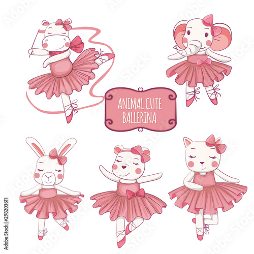 a vector illustration set of ballet dancers, elephants, cats, hippos, rabbits and cute bears.