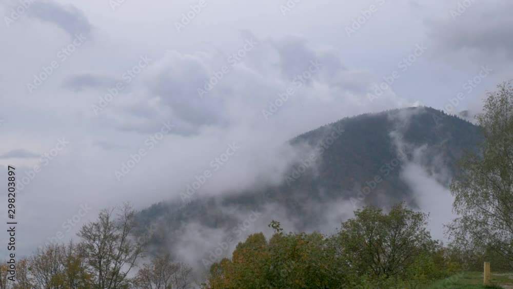 Drone aerial view of an Alpine aerial misty forest in the Swiss french Jura mountains. The forest canopy is a variety of fall colors. Drone aerial view of an Alpine aerial misty forest in the Swiss french Jura mountains. The forest canopy is a variety of fall colors.