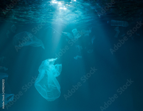 Sea or ocean underwater with plastic garbage