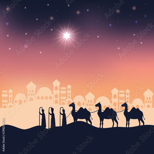 king magicians in desert night landscape scene