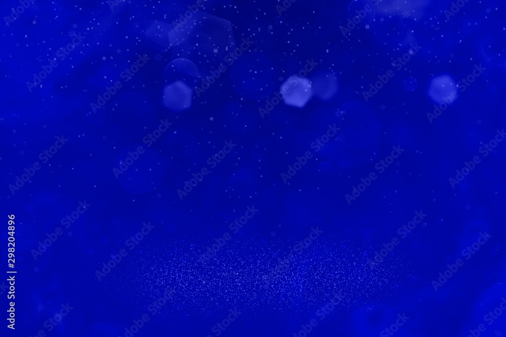 Obraz premium blue wonderful bright glitter lights defocused bokeh abstract background and falling snow flakes fly, festal mockup texture with blank space for your content