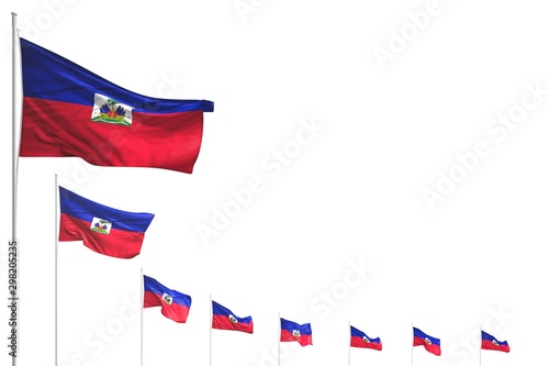 beautiful anthem day flag 3d illustration. - many Haiti flags placed diagonal isolated on white with place for text