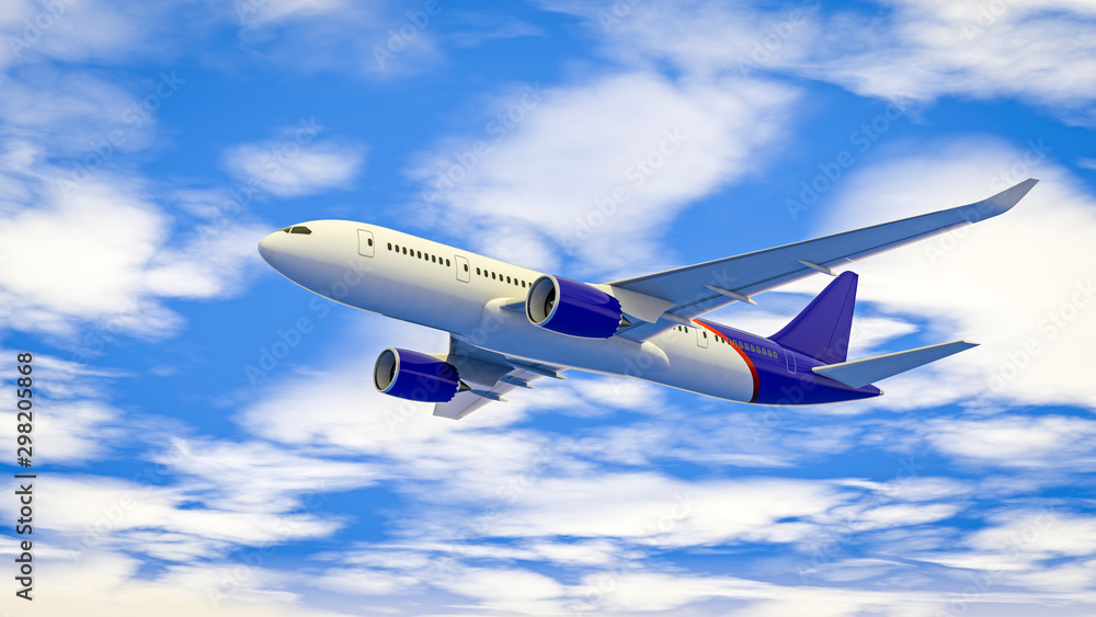 3D illustration of a passenger plane flying in the blue sky. 3D illustration of a passenger plane flying in the blue sky.