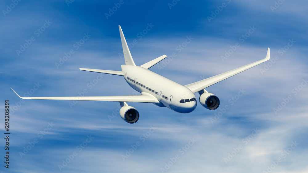 3D illustration of a passenger plane flying in the blue sky. 3D illustration of a passenger plane flying in the blue sky.