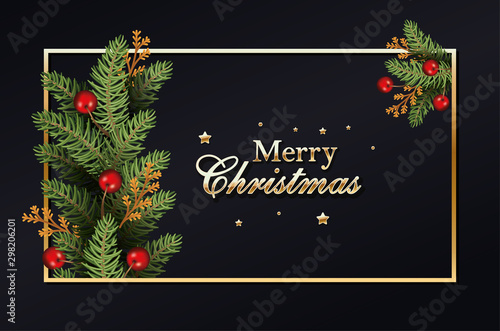 merry christmas calligraphy golden and wreath leafs with berries