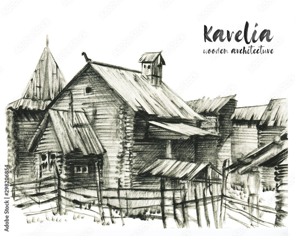 Ink hand drawn illustration. Nature. Wooden architecture  