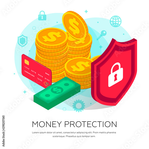 Money protection isometric concept flat text