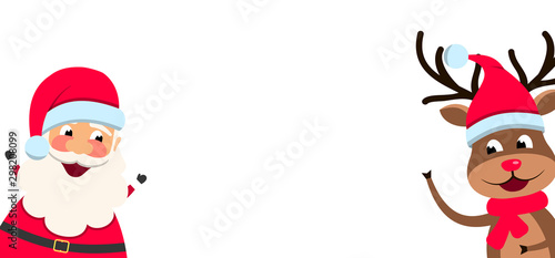 Funny Santa Claus and Christmas Deer with Blank Paper