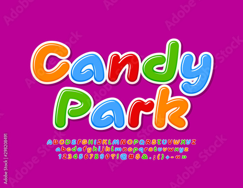 Vector bright banner Candy Park. Colorful Kids Font. Handwritten Alphabet Letters and Numbers