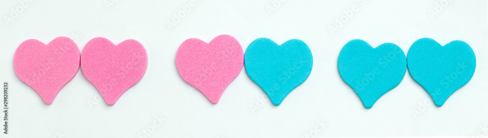 blue and pink hearts on a white background symbol of same sex and heterosexual relationships wide banner